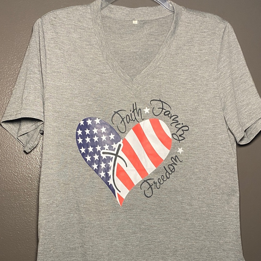 Faith-Family-Freedom Gray V-Neck T-Shirt with Patriotic Heart Design